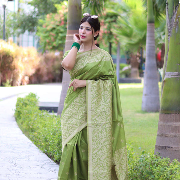 Jyoti Fashion Women's Mehendi Handloom Raw Silk Weaving Pallu Traditional Saree with Blouse - Distacart