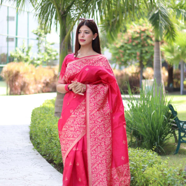 Jyoti Fashion Women's Rani Pink Handloom Raw Silk Weaving Pallu Traditional Saree with Blouse - Distacart