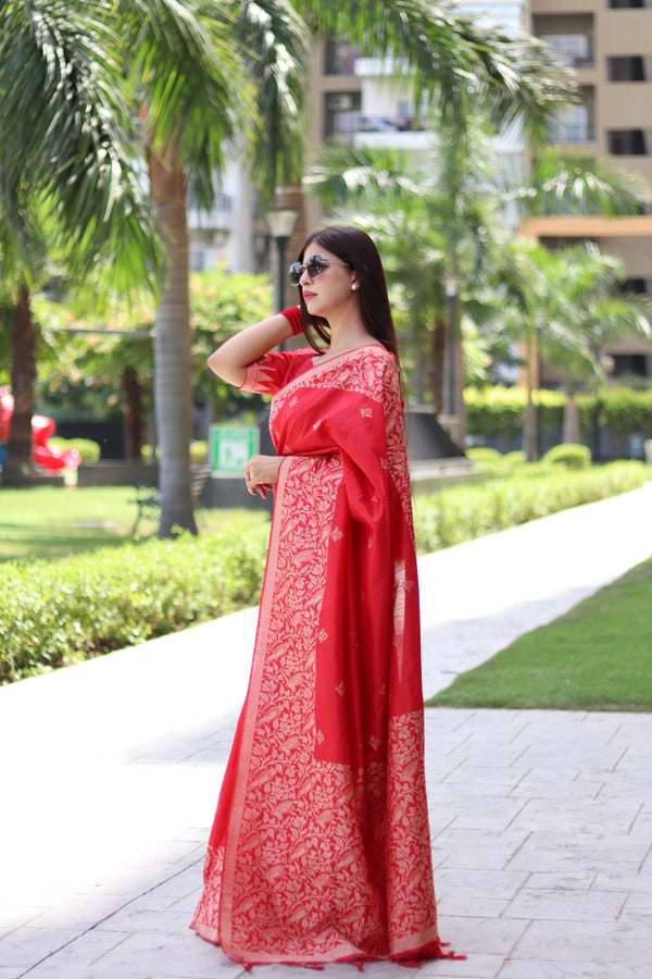 Jyoti Fashion Women's Red Handloom Raw Silk Weaving Pallu Traditional Saree with Blouse - Distacart