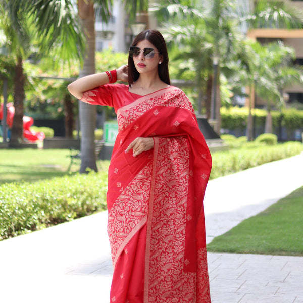 Jyoti Fashion Women's Red Handloom Raw Silk Weaving Pallu Traditional Saree with Blouse - Distacart