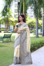 Thumbnail for Jyoti Fashion Women's Cream Handloom Raw Silk Weaving Pallu Traditional Saree with Blouse - Distacart
