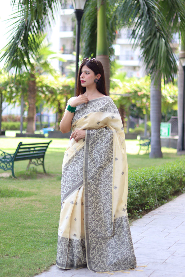 Jyoti Fashion Women's Cream Handloom Raw Silk Weaving Pallu Traditional Saree with Blouse - Distacart