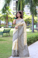 Thumbnail for Jyoti Fashion Women's Cream Handloom Raw Silk Weaving Pallu Traditional Saree with Blouse - Distacart