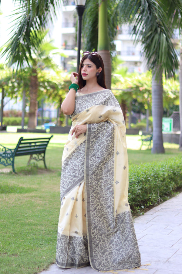Jyoti Fashion Women's Cream Handloom Raw Silk Weaving Pallu Traditional Saree with Blouse - Distacart
