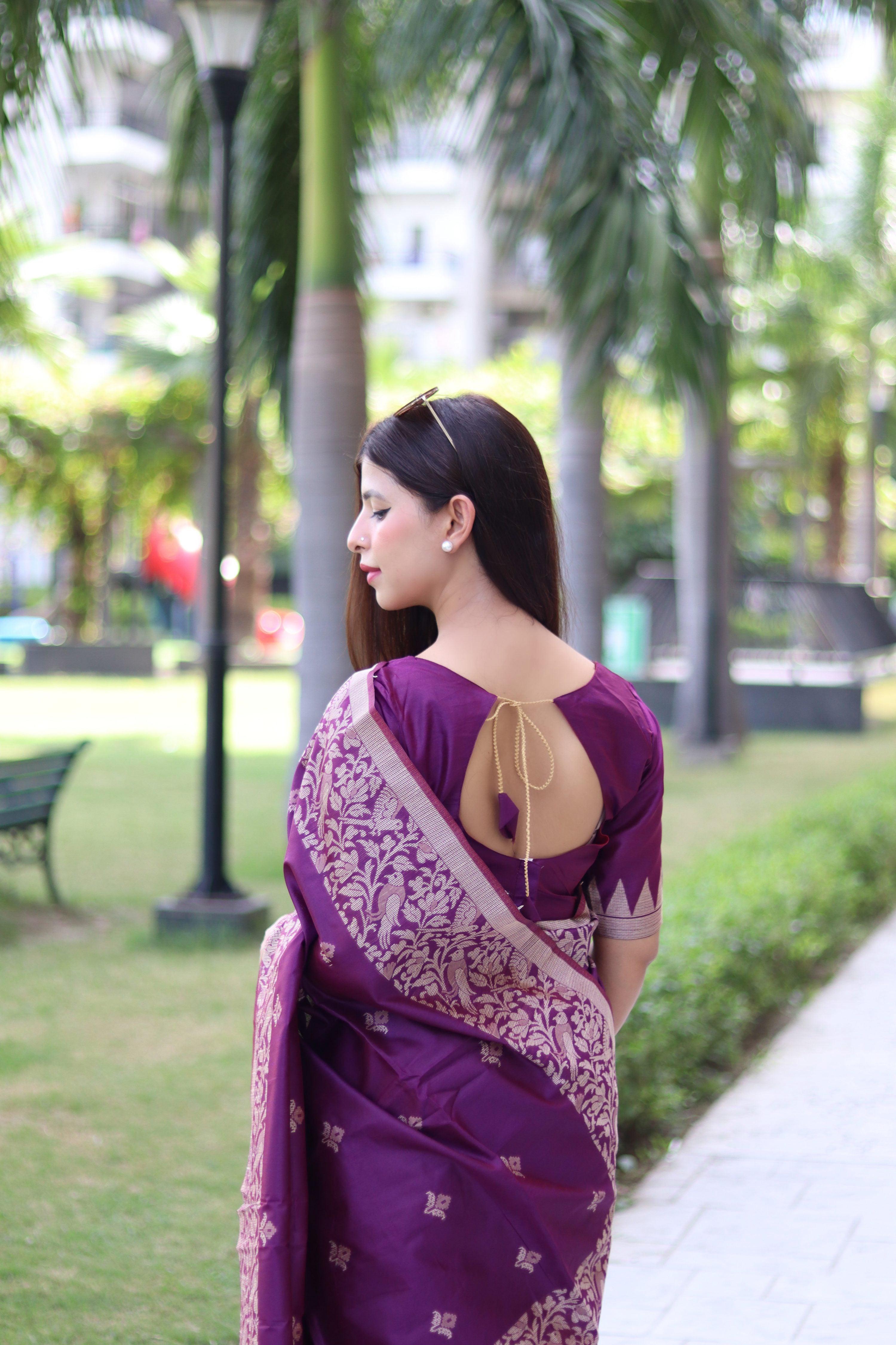 Jyoti Fashion Women's Purple Handloom Raw Silk Weaving Pallu Traditional Saree with Blouse - Distacart
