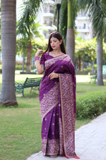 Thumbnail for Jyoti Fashion Women's Purple Handloom Raw Silk Weaving Pallu Traditional Saree with Blouse - Distacart