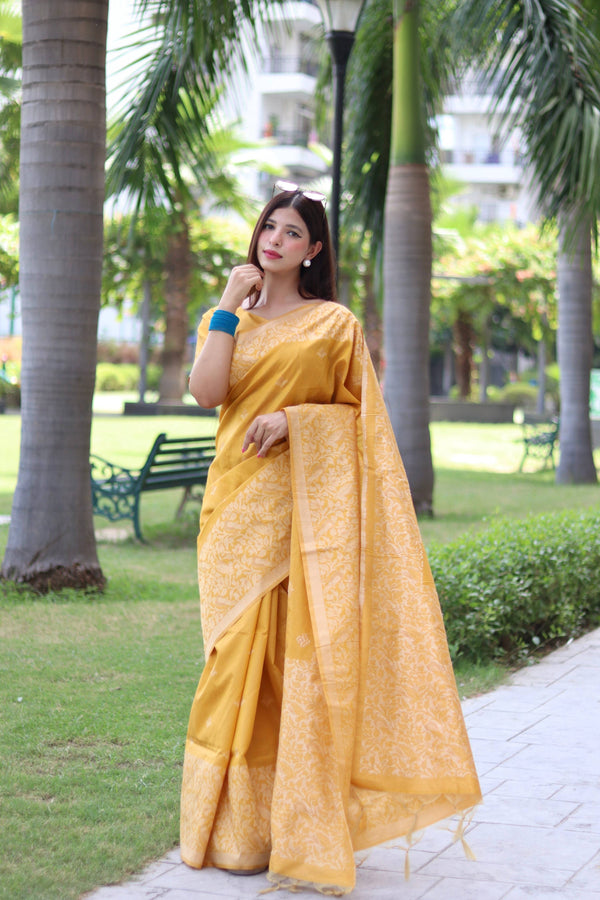 Jyoti Fashion Women's Yellow Handloom Raw Silk Weaving Pallu Traditional Saree with Blouse - Distacart