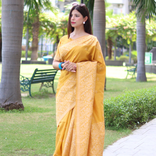 Jyoti Fashion Women's Yellow Handloom Raw Silk Weaving Pallu Traditional Saree with Blouse - Distacart