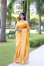 Thumbnail for Jyoti Fashion Women's Yellow Handloom Raw Silk Weaving Pallu Traditional Saree with Blouse - Distacart