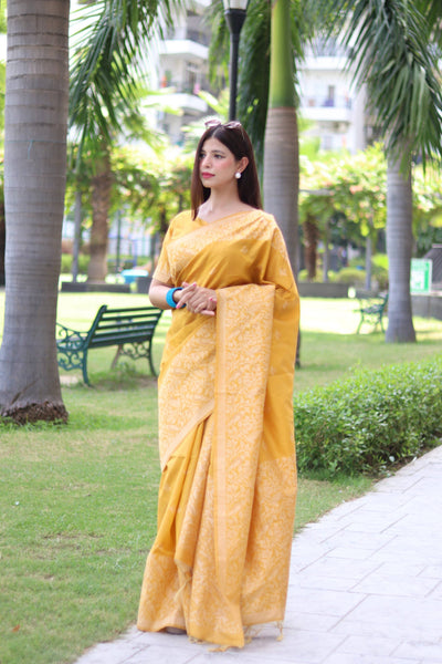 Jyoti Fashion Women's Yellow Handloom Raw Silk Weaving Pallu Traditional Saree with Blouse - Distacart
