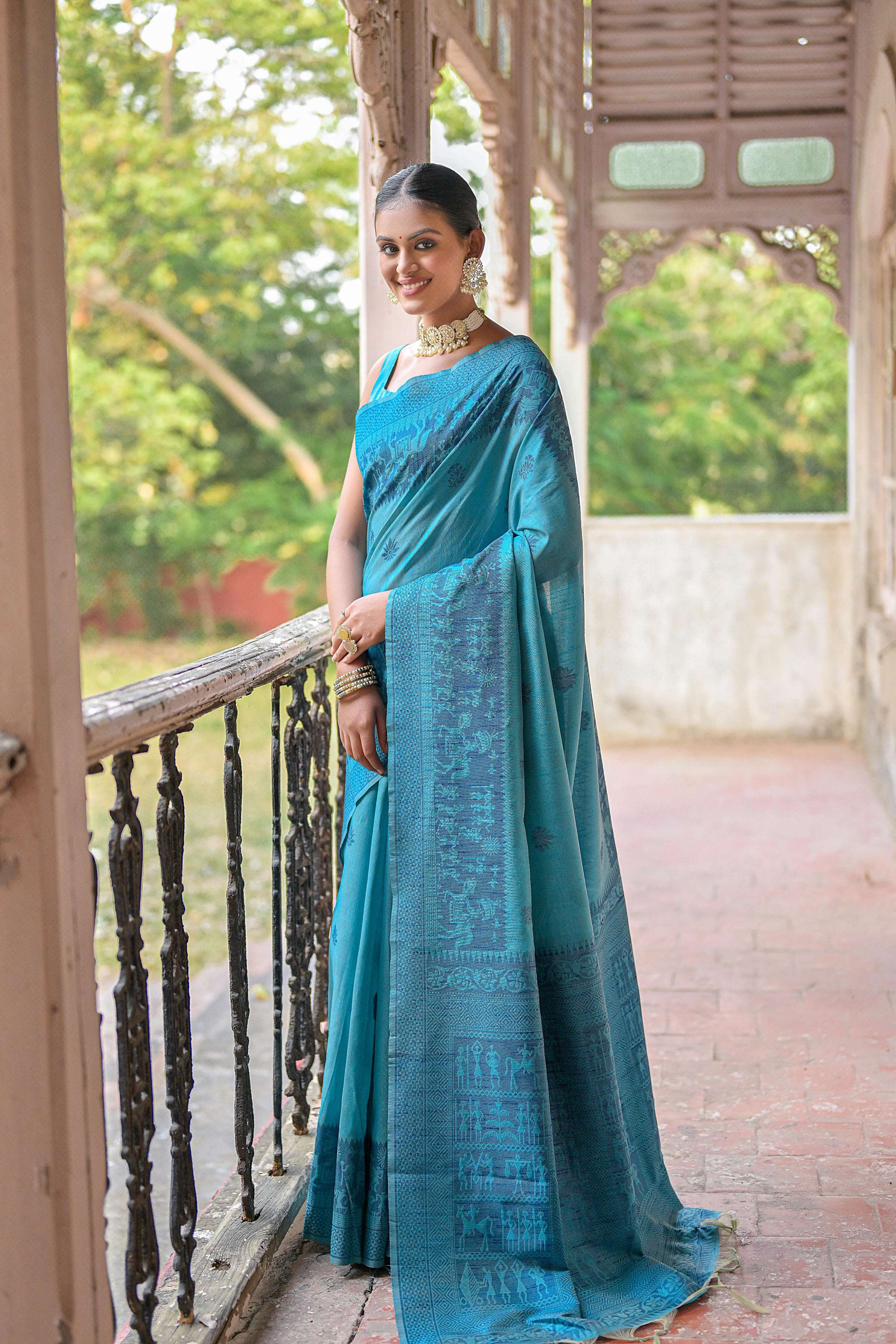 Jyoti Fashion Women's Sky Blue Handloom Raw Silk Weaving Pallu Traditional Saree with Blouse - Distacart