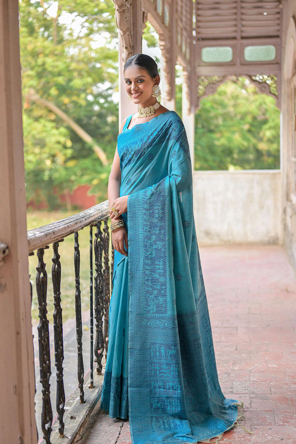 Jyoti Fashion Women's Sky Blue Handloom Raw Silk Weaving Pallu Traditional Saree with Blouse - Distacart