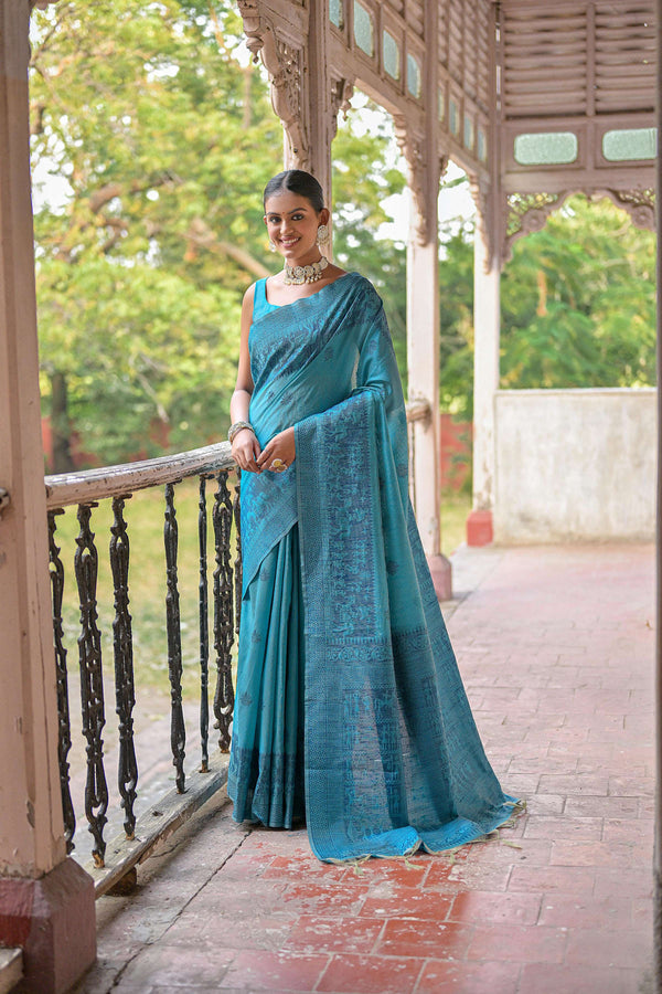 Jyoti Fashion Women's Sky Blue Handloom Raw Silk Weaving Pallu Traditional Saree with Blouse - Distacart