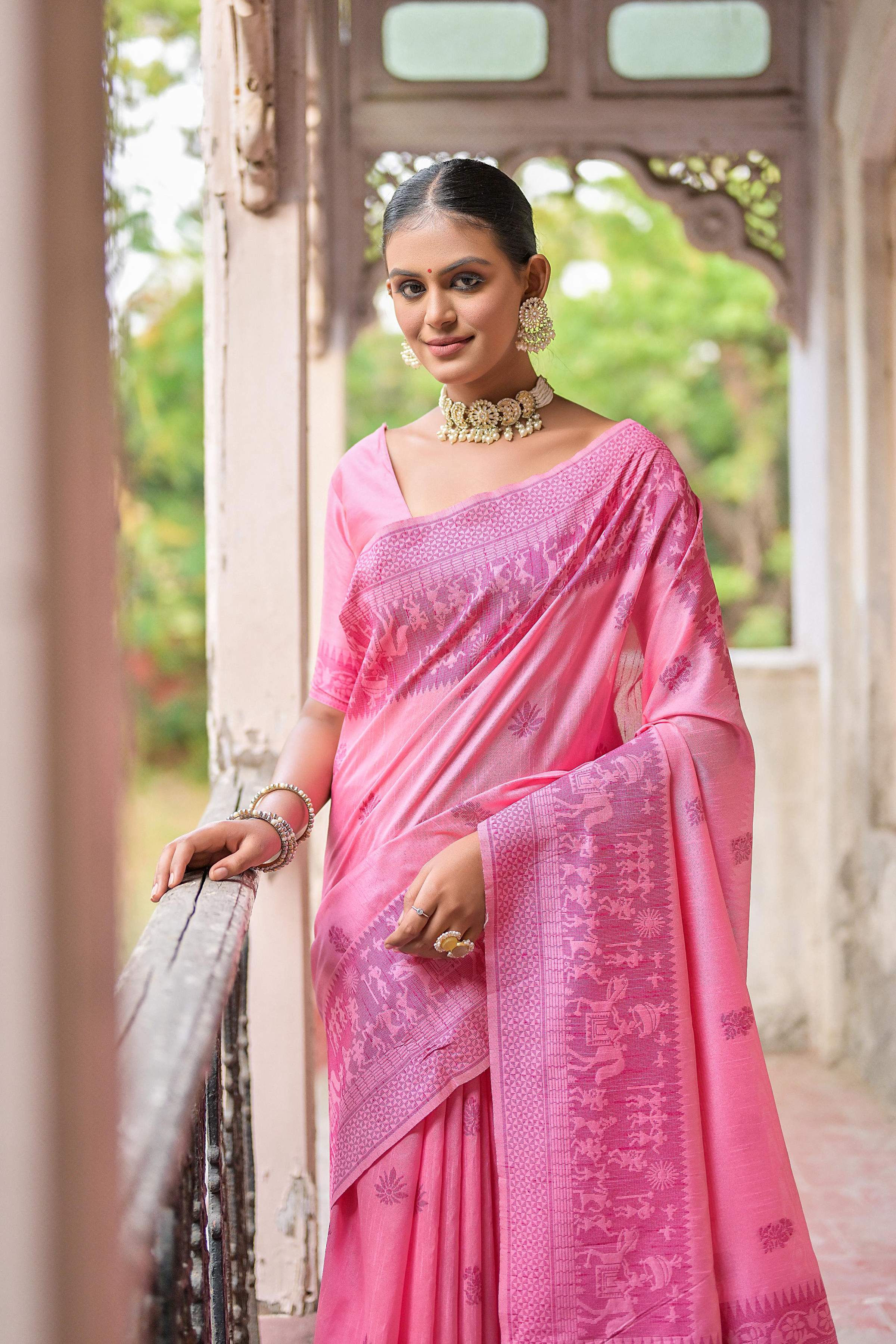 Jyoti Fashion Women's Pink Handloom Raw Silk Weaving Pallu Traditional Saree with Blouse - Distacart
