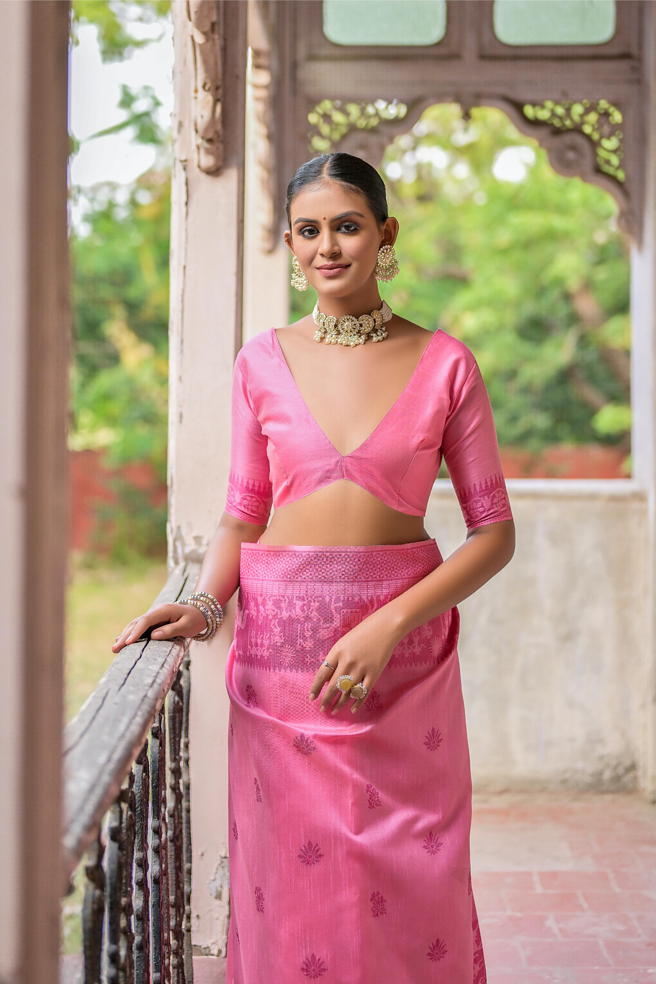 Jyoti Fashion Women's Pink Handloom Raw Silk Weaving Pallu Traditional Saree with Blouse - Distacart