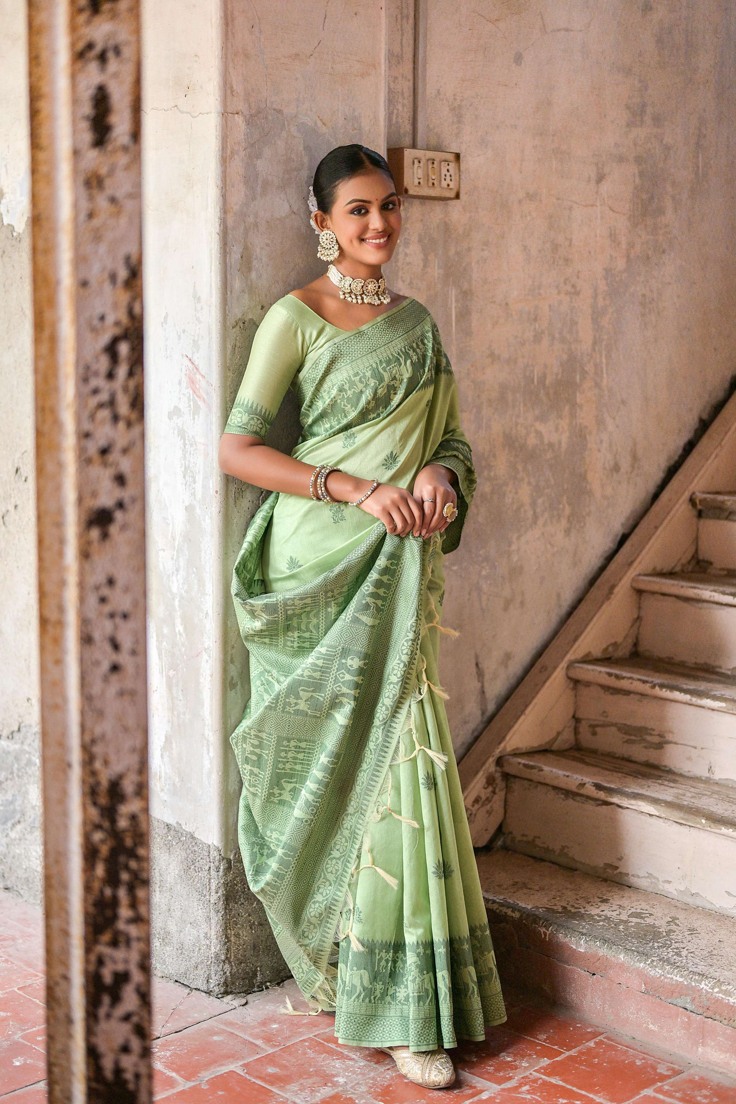 Jyoti Fashion Women's Pista Green Handloom Raw Silk Weaving Pallu Traditional Saree with Blouse - Distacart