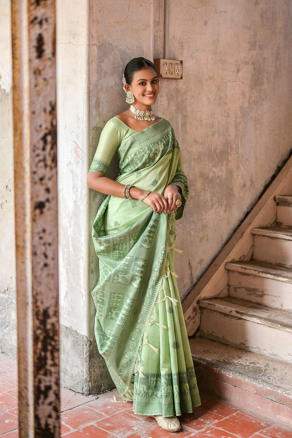 Jyoti Fashion Women's Pista Green Handloom Raw Silk Weaving Pallu Traditional Saree with Blouse - Distacart