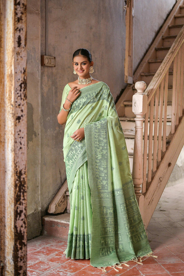 Jyoti Fashion Women's Pista Green Handloom Raw Silk Weaving Pallu Traditional Saree with Blouse - Distacart