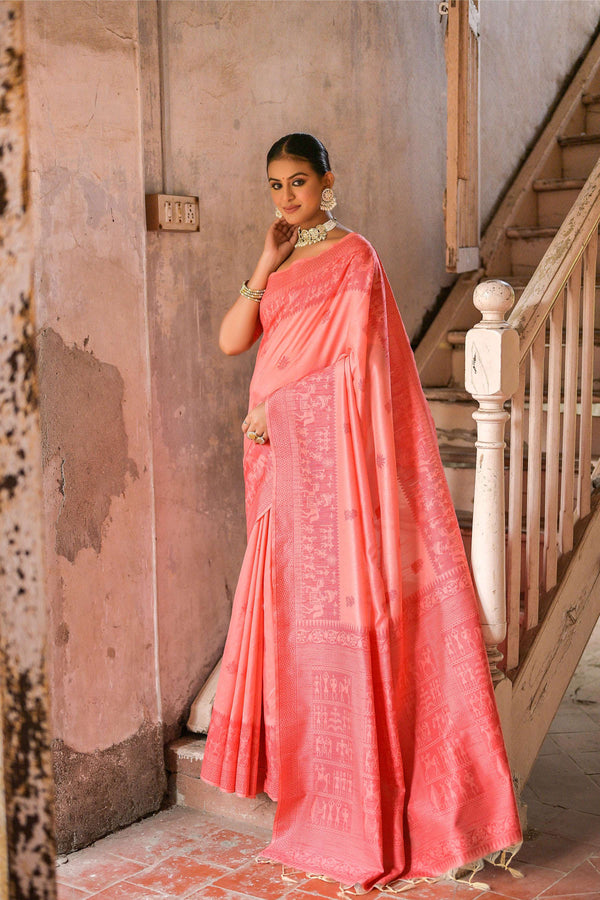 Jyoti Fashion Women's Coral Handloom Raw Silk Weaving Pallu Traditional Saree with Blouse - Distacart