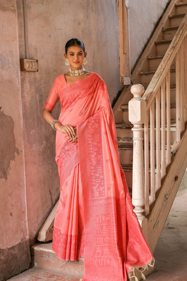 Jyoti Fashion Women's Coral Handloom Raw Silk Weaving Pallu Traditional Saree with Blouse - Distacart