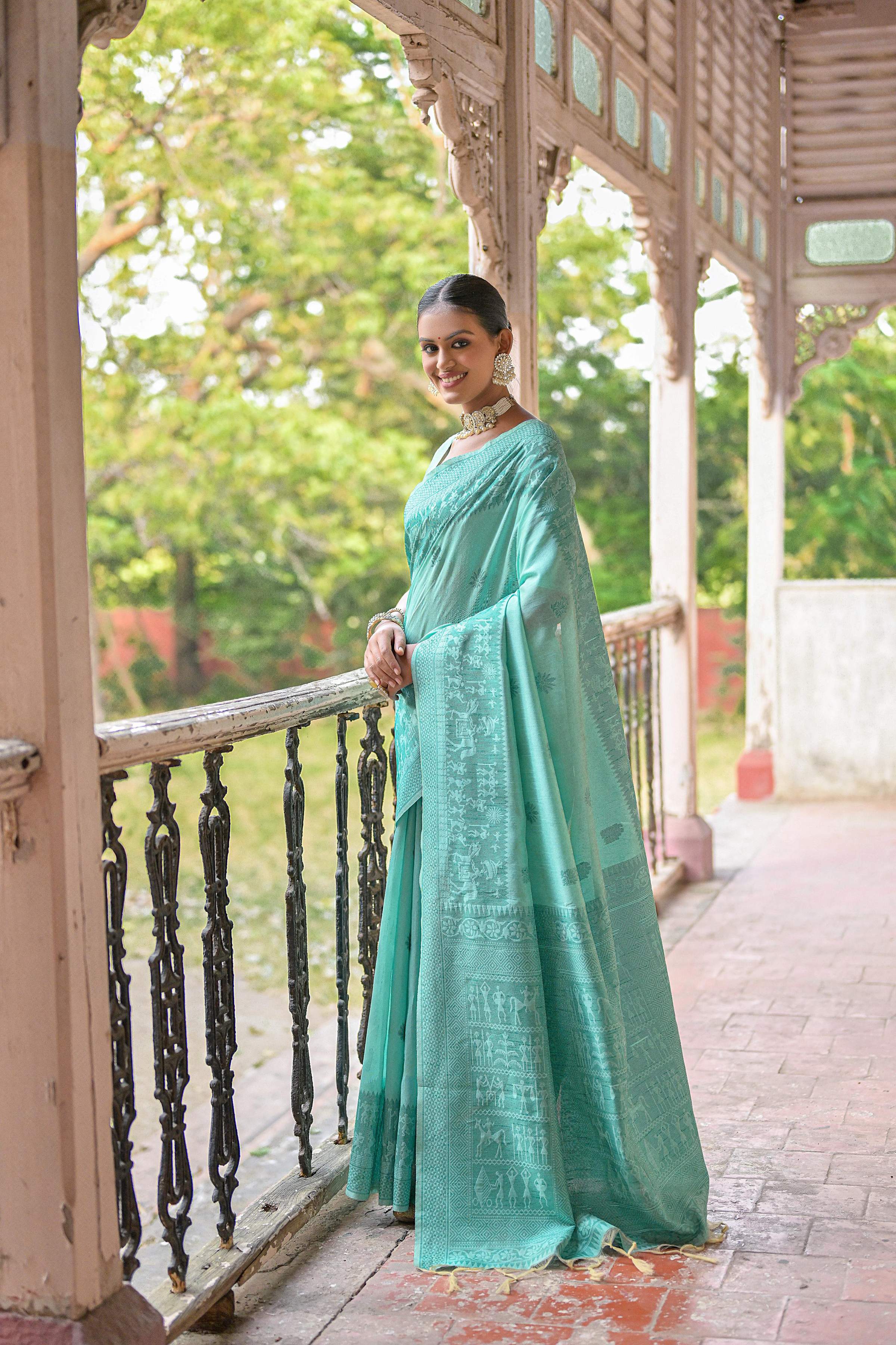 Jyoti Fashion Women's Sea Green Handloom Raw Silk Weaving Pallu Traditional Saree with Blouse - Distacart