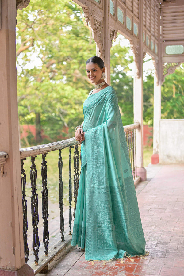 Jyoti Fashion Women's Sea Green Handloom Raw Silk Weaving Pallu Traditional Saree with Blouse - Distacart