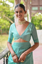 Thumbnail for Jyoti Fashion Women's Sea Green Handloom Raw Silk Weaving Pallu Traditional Saree with Blouse - Distacart
