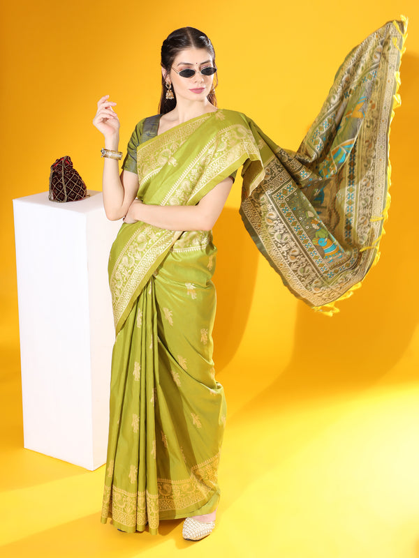Jyoti Fashion Women's Mehendi Soft Raw Silk Tow Tone Weaving Traditional Saree with Blouse - Distacart