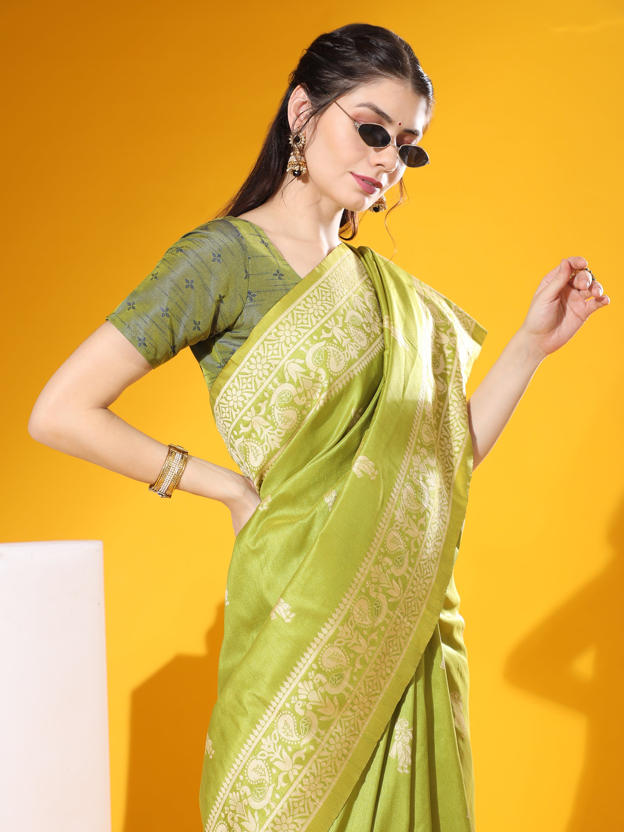 Jyoti Fashion Women's Mehendi Soft Raw Silk Tow Tone Weaving Traditional Saree with Blouse - Distacart