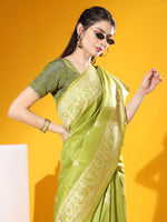 Thumbnail for Jyoti Fashion Women's Mehendi Soft Raw Silk Tow Tone Weaving Traditional Saree with Blouse - Distacart