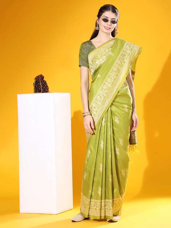 Jyoti Fashion Women's Mehendi Soft Raw Silk Tow Tone Weaving Traditional Saree with Blouse - Distacart