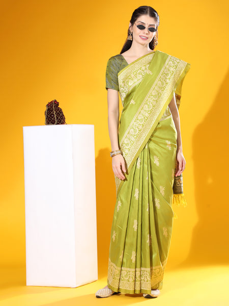 Jyoti Fashion Women's Mehendi Soft Raw Silk Tow Tone Weaving Traditional Saree with Blouse - Distacart