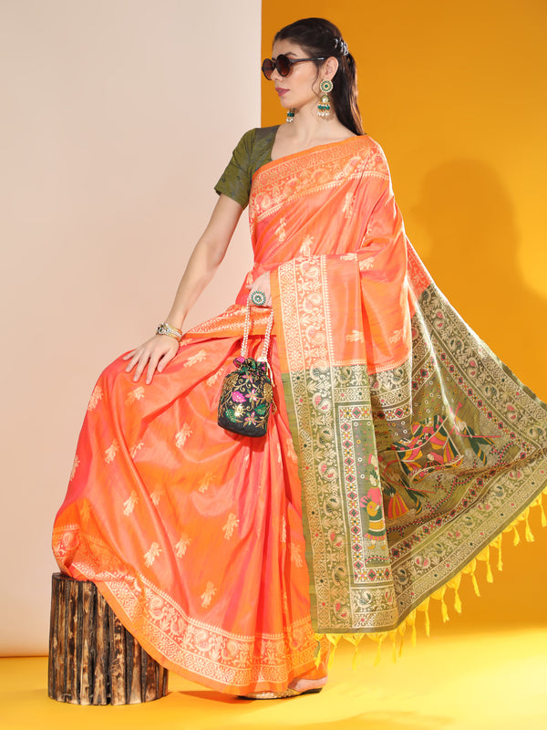 Jyoti Fashion Women's Orange Soft Raw Silk Tow Tone Weaving Traditional Saree with Blouse - Distacart