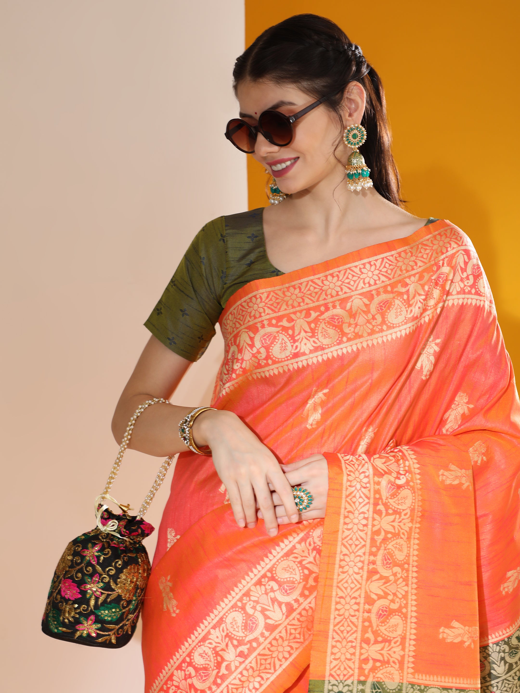 Jyoti Fashion Women's Orange Soft Raw Silk Tow Tone Weaving Traditional Saree with Blouse - Distacart