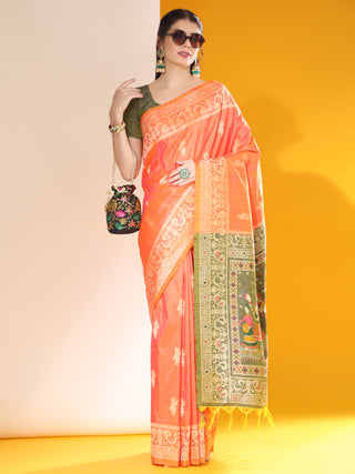 Jyoti Fashion Women's Orange Soft Raw Silk Tow Tone Weaving Traditional Saree with Blouse - Distacart