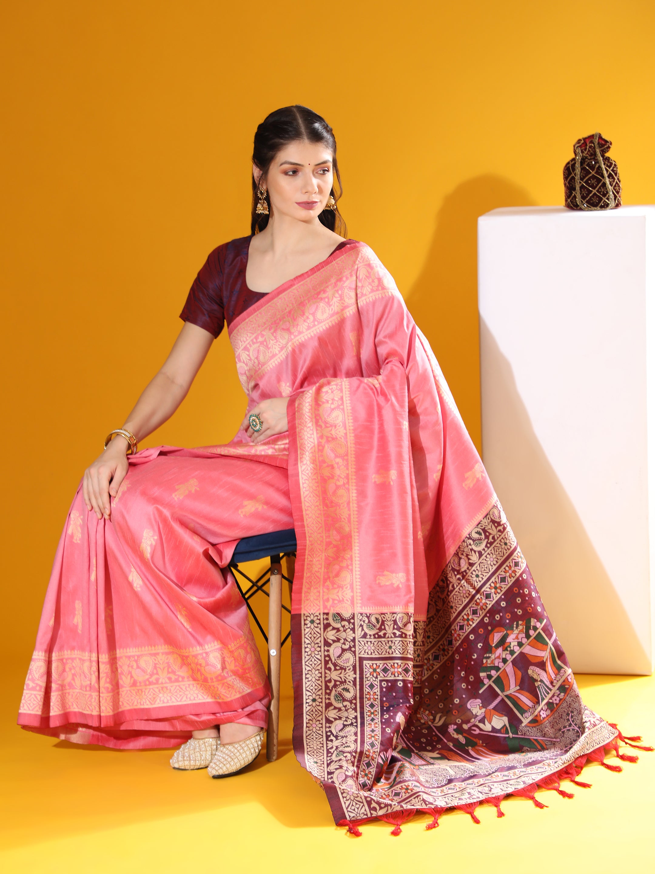 Jyoti Fashion Women's Pink Soft Raw Silk Tow Tone Weaving Traditional Saree with Blouse - Distacart