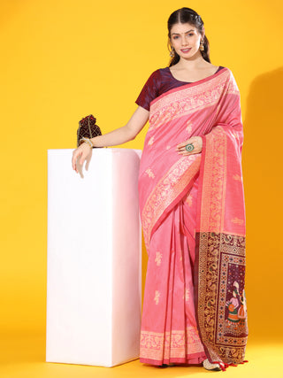 Jyoti Fashion Women's Pink Soft Raw Silk Tow Tone Weaving Traditional Saree with Blouse - Distacart