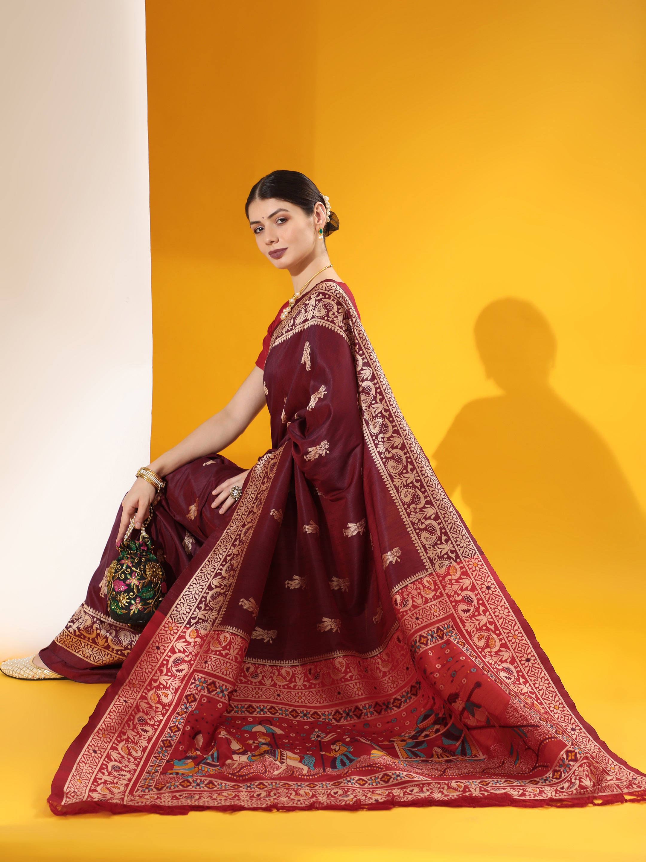 Jyoti Fashion Women's Wine Soft Raw Silk Tow Tone Weaving Traditional Saree with Blouse - Distacart