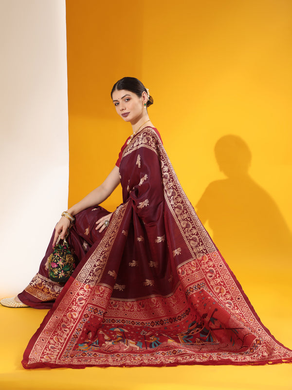 Jyoti Fashion Women's Wine Soft Raw Silk Tow Tone Weaving Traditional Saree with Blouse - Distacart