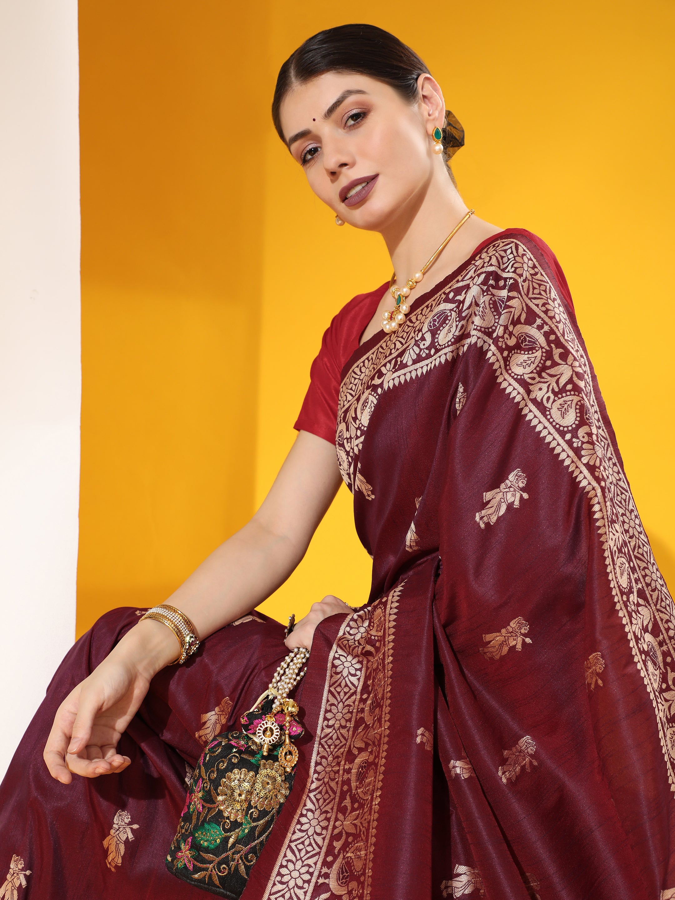 Jyoti Fashion Women's Wine Soft Raw Silk Tow Tone Weaving Traditional Saree with Blouse - Distacart