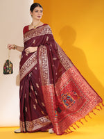 Thumbnail for Jyoti Fashion Women's Wine Soft Raw Silk Tow Tone Weaving Traditional Saree with Blouse - Distacart