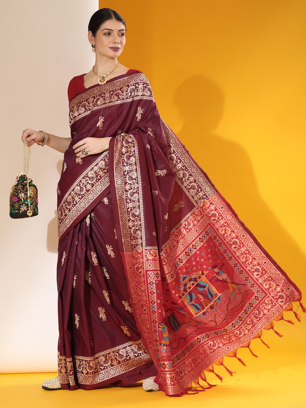 Jyoti Fashion Women's Wine Soft Raw Silk Tow Tone Weaving Traditional Saree with Blouse - Distacart