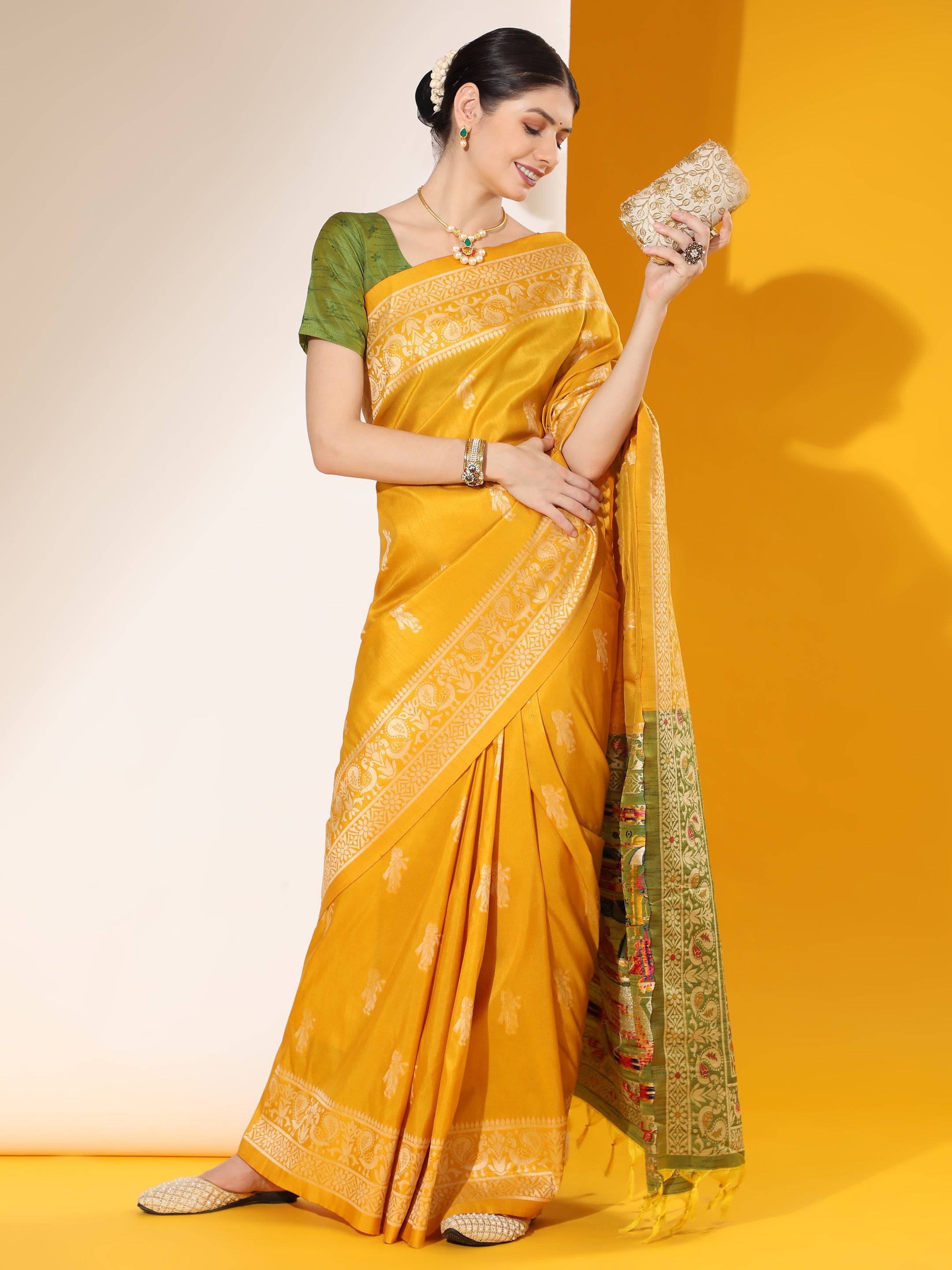 Jyoti Fashion Women's Yellow Soft Raw Silk Tow Tone Weaving Traditional Saree with Blouse - Distacart