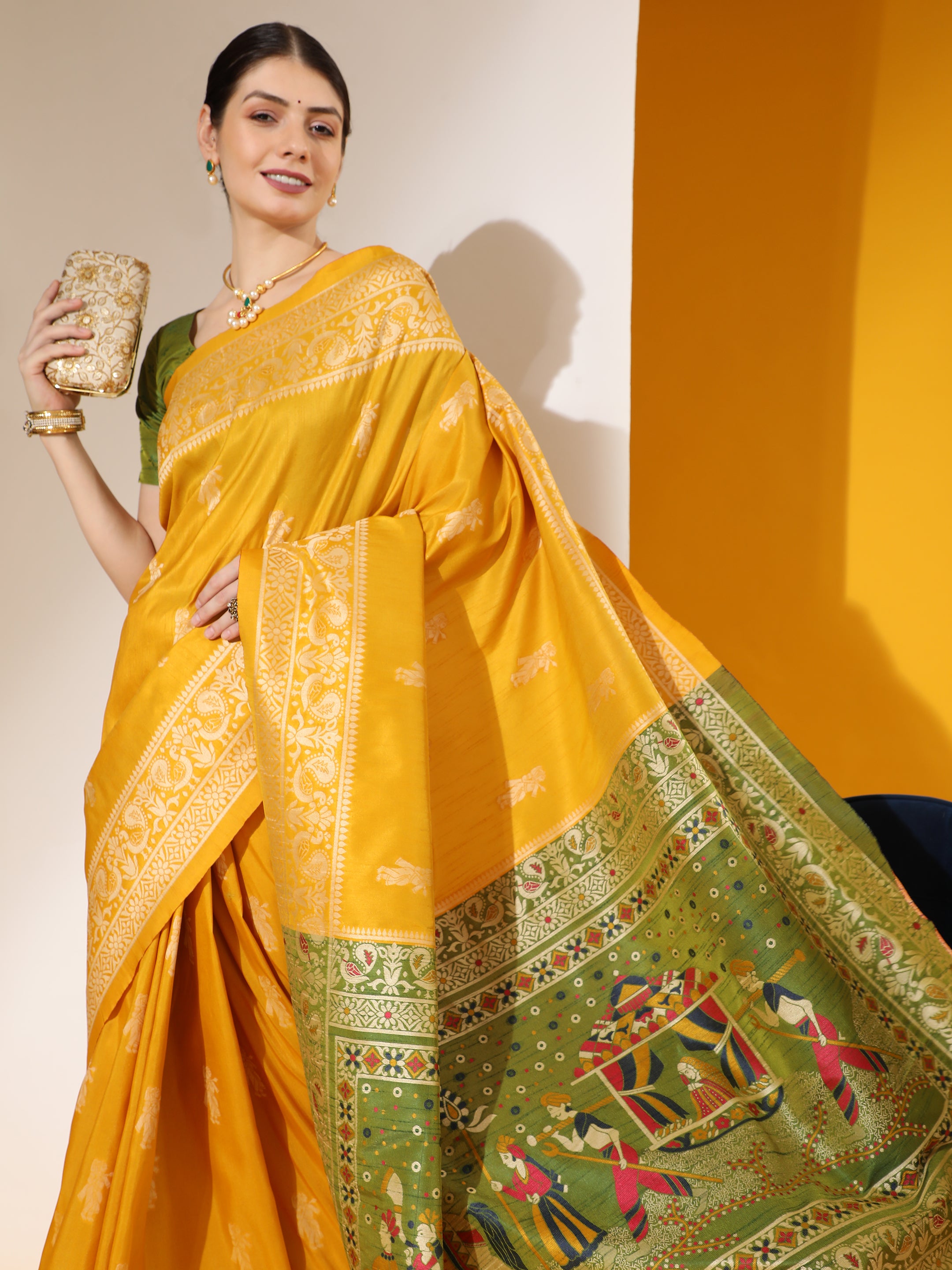 Jyoti Fashion Women's Yellow Soft Raw Silk Tow Tone Weaving Traditional Saree with Blouse - Distacart