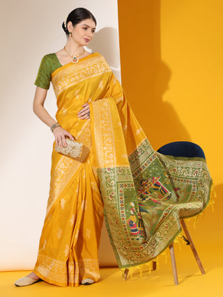 Jyoti Fashion Women's Yellow Soft Raw Silk Tow Tone Weaving Traditional Saree with Blouse - Distacart
