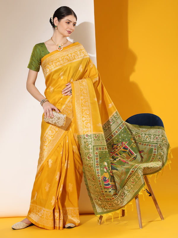 Jyoti Fashion Women's Yellow Soft Raw Silk Tow Tone Weaving Traditional Saree with Blouse - Distacart