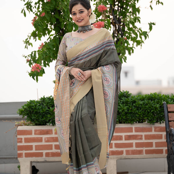 Jyoti Fashion Women's Verdun Green Soft Tussar Silk Traditional Print & Zari Border Saree with Blouse - Distacart