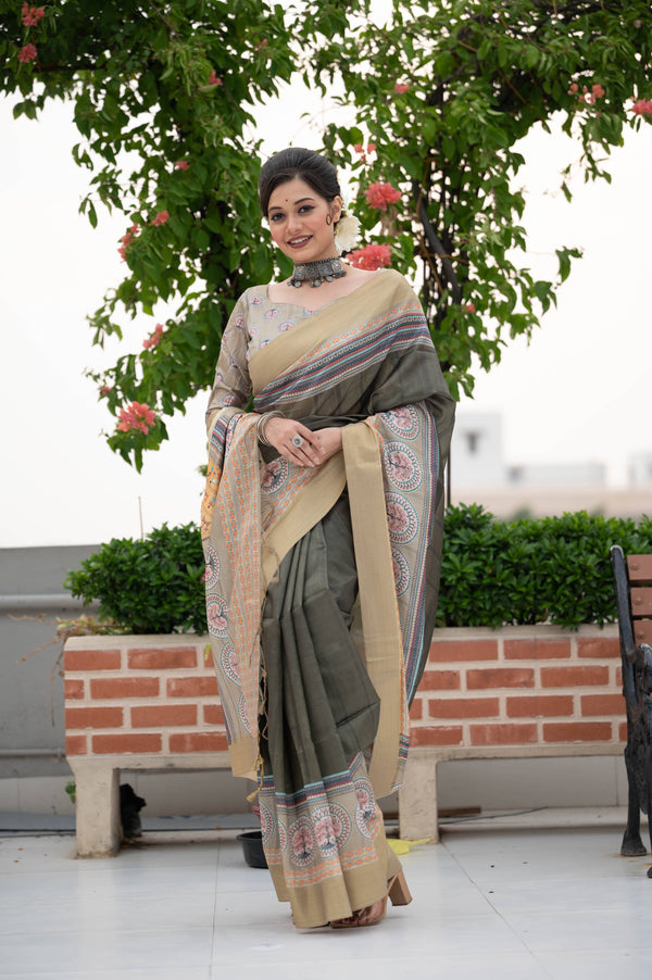 Jyoti Fashion Women's Verdun Green Soft Tussar Silk Traditional Print & Zari Border Saree with Blouse - Distacart