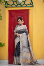 Thumbnail for Jyoti Fashion Women's Black Soft Tussar Silk Traditional Print & Zari Border Saree with Blouse - Distacart