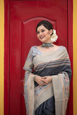 Thumbnail for Jyoti Fashion Women's Black Soft Tussar Silk Traditional Print & Zari Border Saree with Blouse - Distacart